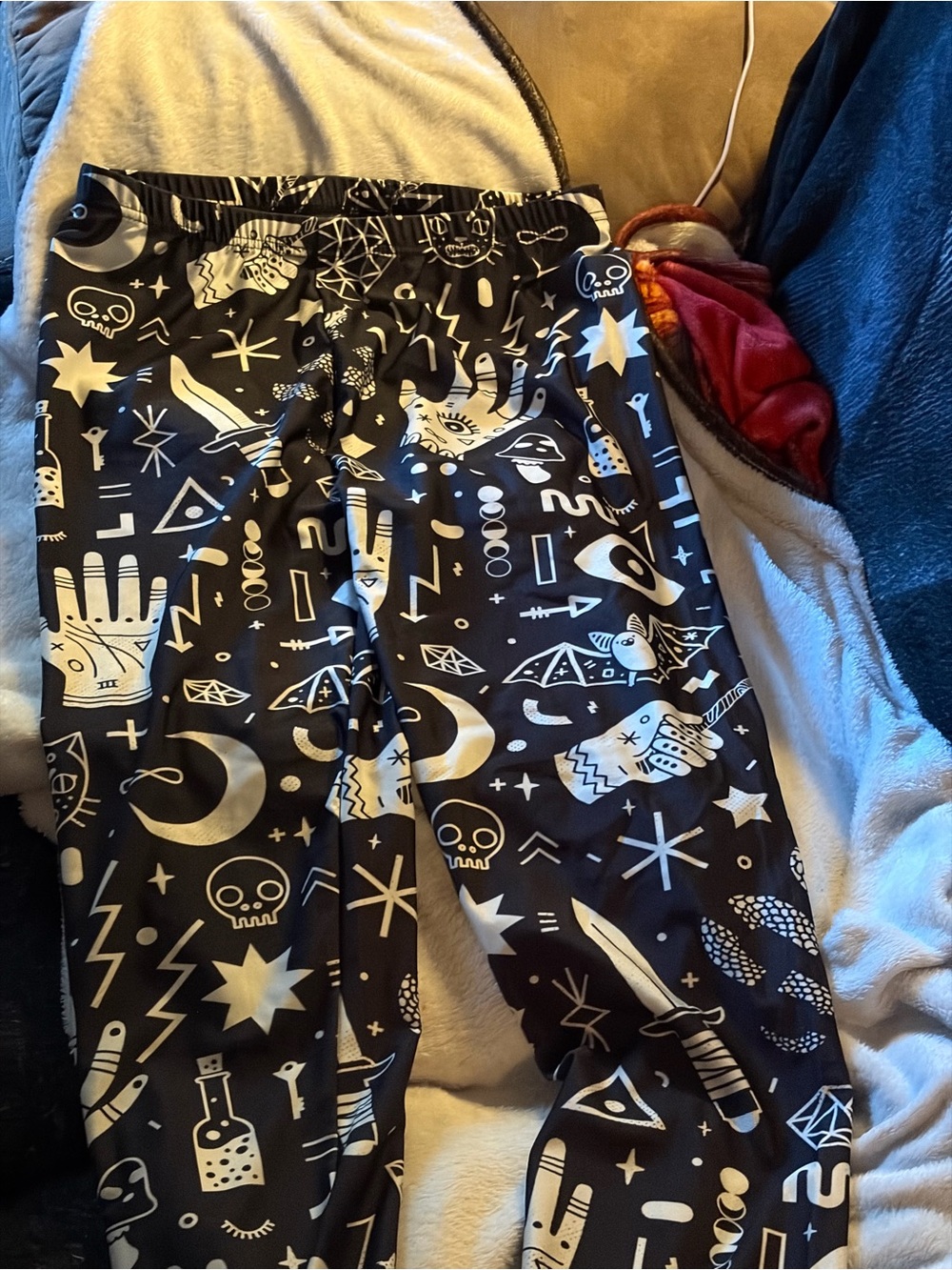 Black Graphic Stretchy Pants with White Mystical Print Witchey Pictures XL